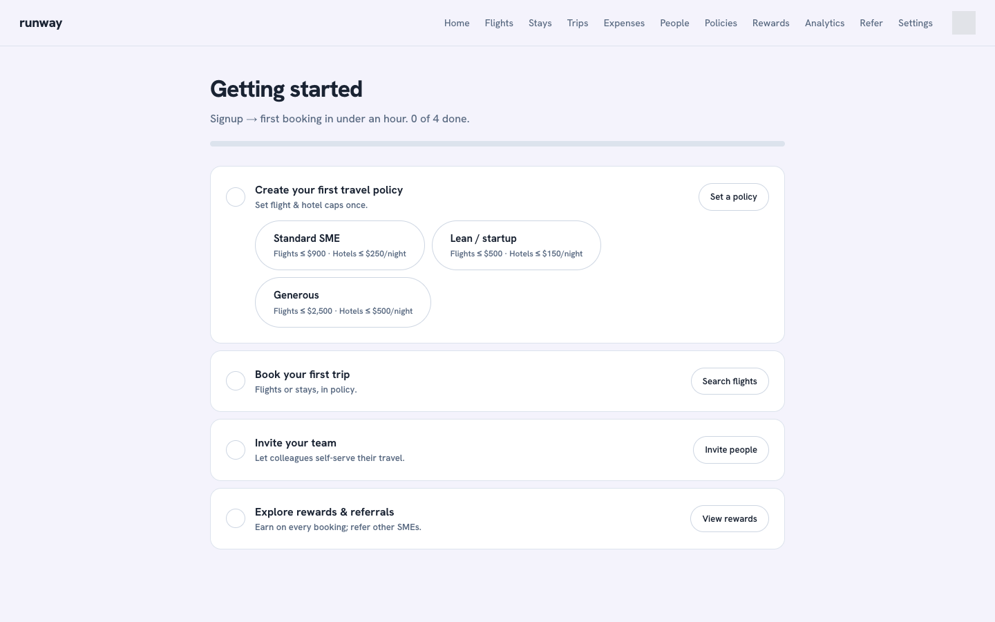 The Getting started checklist: create a policy, book a trip, invite your team, explore rewards